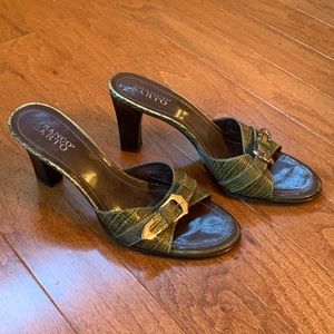 Dark green slide-ons/mules.